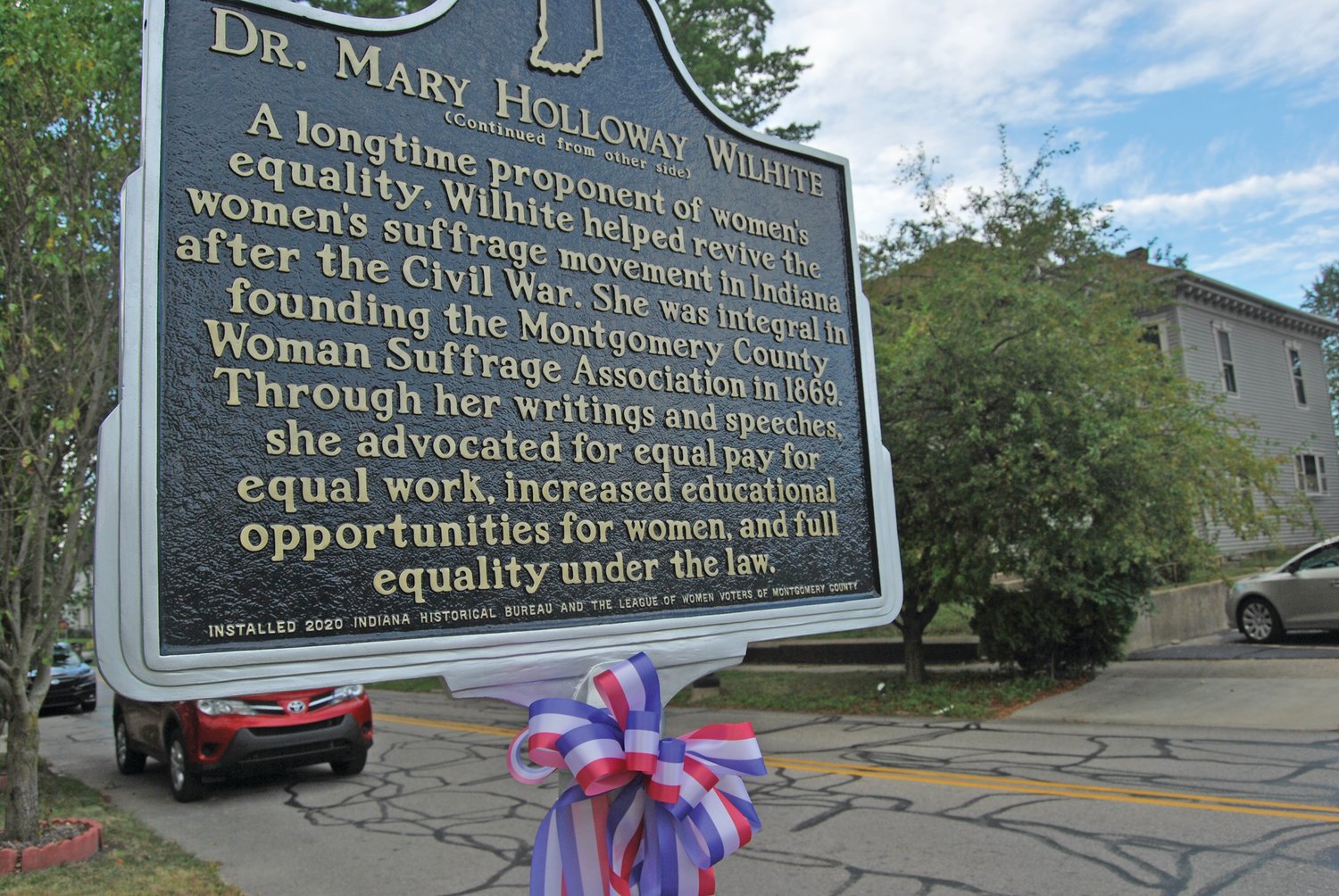 A historical marker recognizing pioneer physician and suffragist Dr. Mary Holloway Wilhite sits along Grant Avenue. The marker, which was commissioned by the League of Women Voters of Montgomery County, was dedicated in a ceremony Wednesday on the eve of Women’s Equality Day.