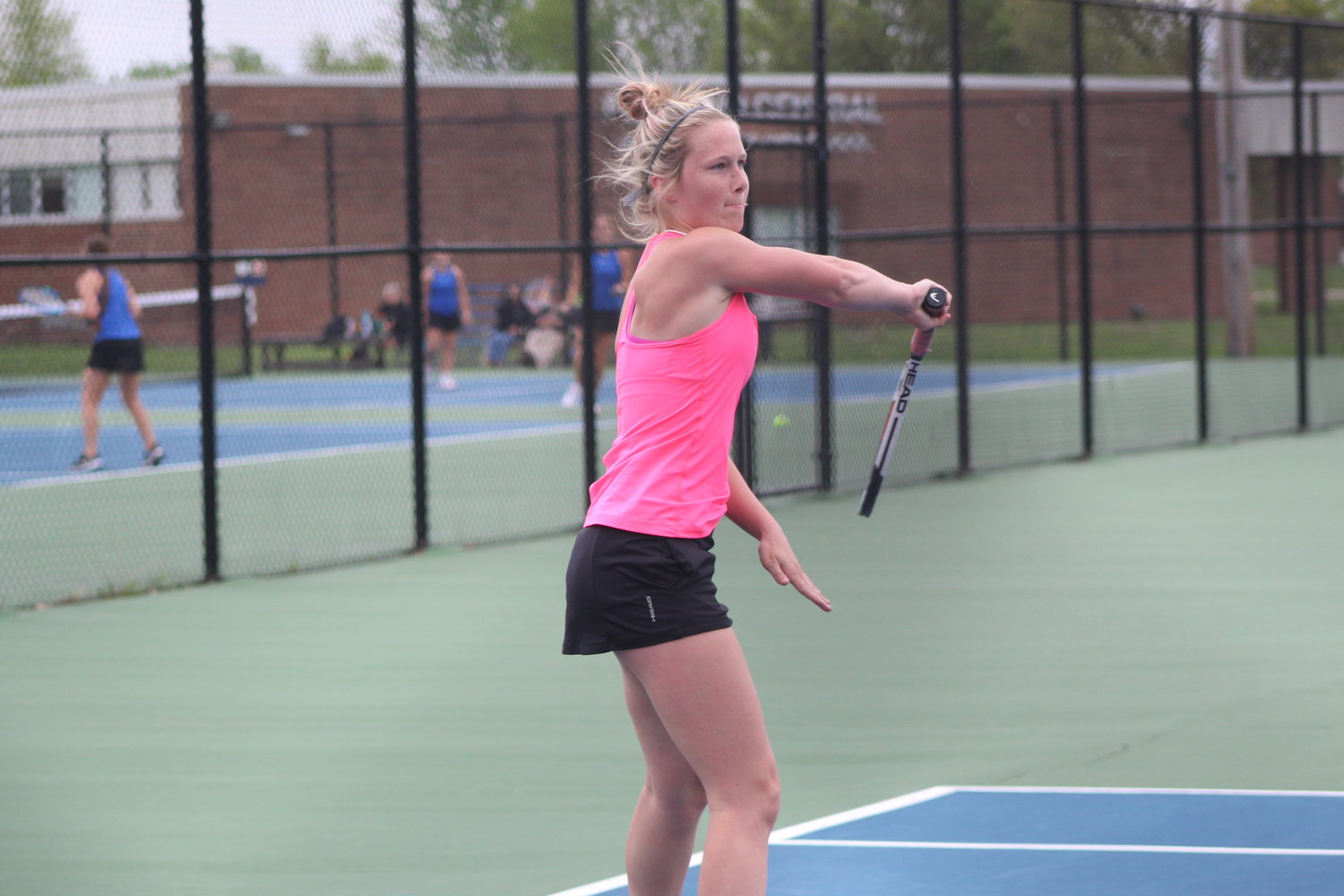 Codey Emerson/Journal Review
Senior Lillie Fishero remained unbeaten on the season for the Mustangs with a 6-1, 6-0 win to help Fountain Central defeat Crawfordsville 3-2.
